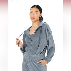 Alo Yoga Velour glimmer full zip hoodie steel blue